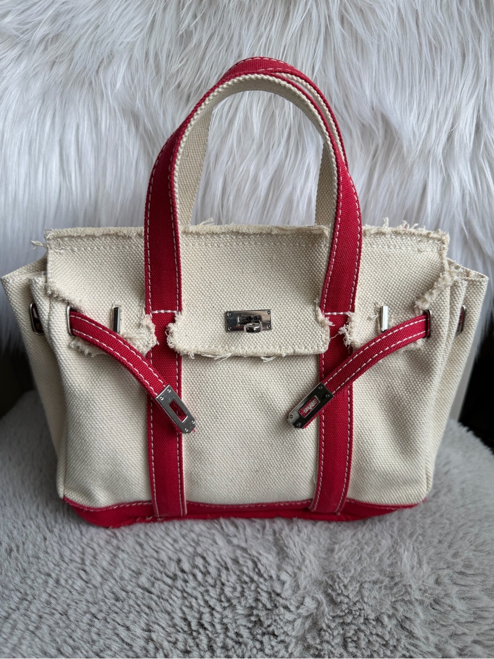 Sunwin Madaket Small Classic Cream Canvas Tote Bag with Red Trim